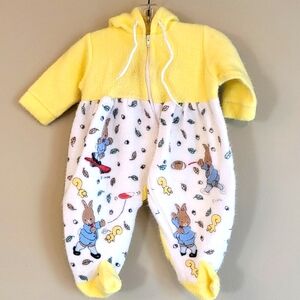 Vintage fleece hooded bunting suit with bunny graphic front and back